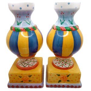 Ceramic Candle Tealight Holder Set 8.5" Height Colorful Striped Floral Design